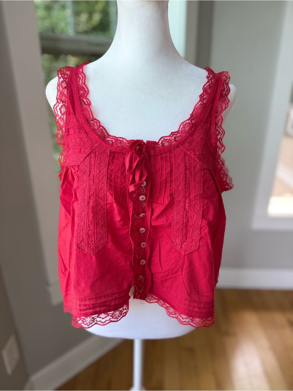 Vintage Red Cotton Lace-Trim Button Front Camisole Tank Top Size Large - Picture 9 of 9